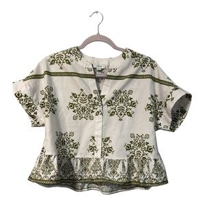 CeCe White Blouse with Olive Green Motif Peplum
